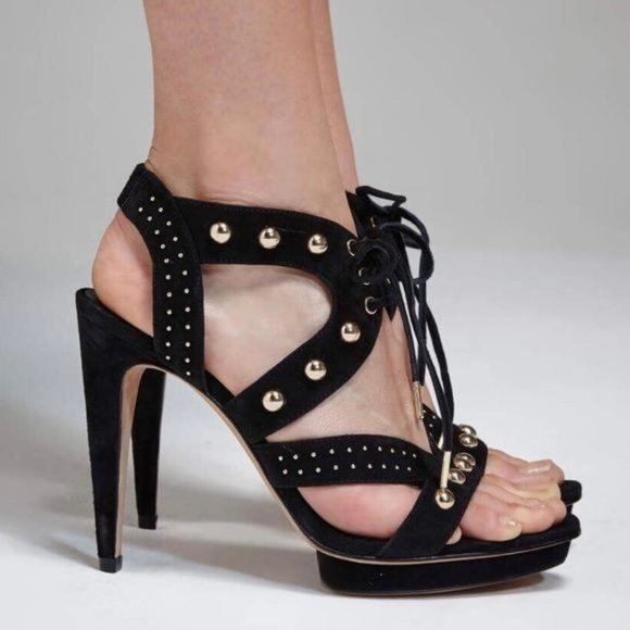 Rebecca Minkoff | ‘Ilima’ Black Leather Suede Studded Heeled Platform Sandals - Picture 1 of 8